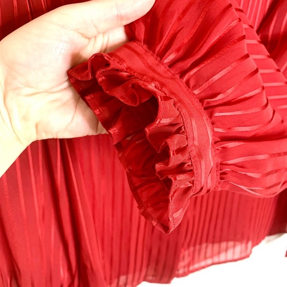 Vintage Red Blouse Sheer Pinstripe Ruffled Neck & Cuffs Christmas Valentine’s - Picture 6 of 11